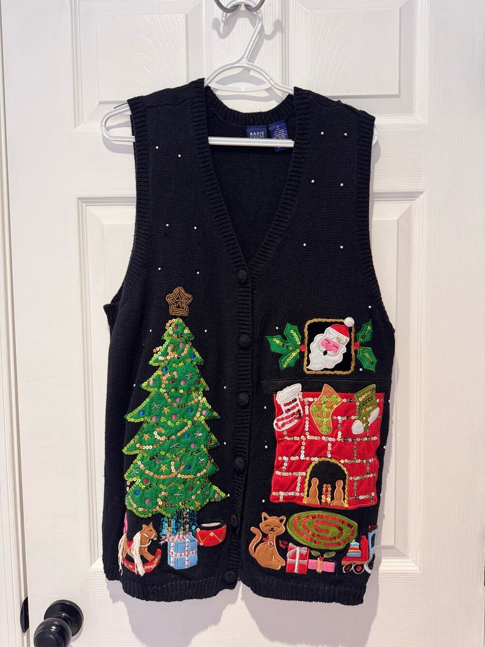 Vintage BasicEditions Ugly Christmas Sweater Vest Plus Size 1X Sequine Fireplace